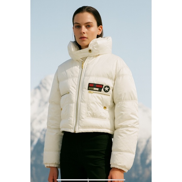 SONIA RYKIEL PARIS PUFFER JACKET APRES SKI WINTER CROPPED WHITE SNOW HOOD M - Picture 1 of 10